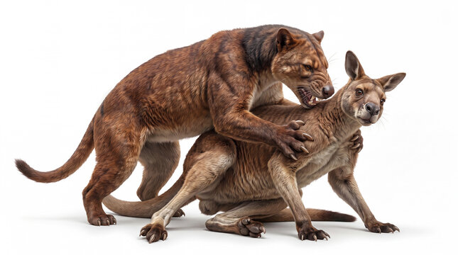 Thylacoleo carnifex attacking a kangaroo, prehistoric marsupial lion pouncing on and overpowering its prey in a dynamic predatory hunting scene on white background