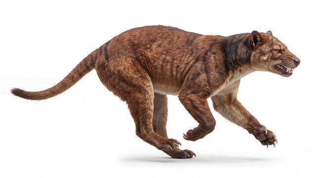 Thylacoleo carnifex running laterally, full body prehistoric marsupial lion sprinting in a dynamic side-profile locomotion pose on white background