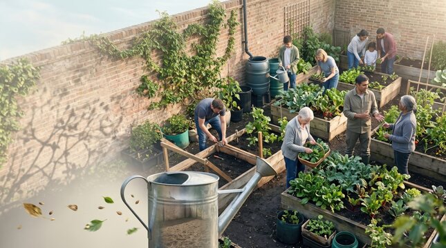 Diverse community members engaged in urban gardening for sustainability and empowerment