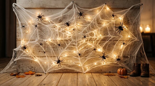 A spooky and delightful halloween scene a wall decorated with cobwebs plastic spiders and warm glowing fairy lights creates a festive atmosphere