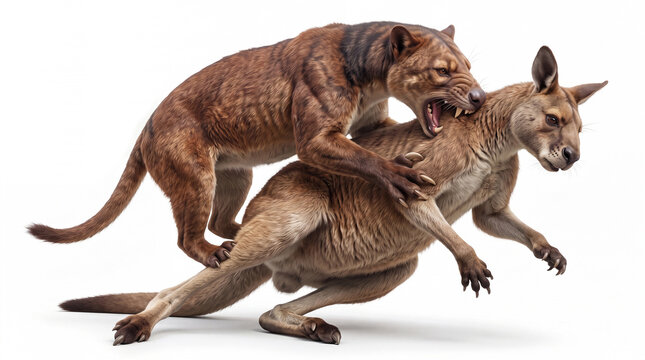 Thylacoleo carnifex attacking a kangaroo, prehistoric marsupial lion ambushing and grappling with its prey in a dynamic predatory hunting scene on white background