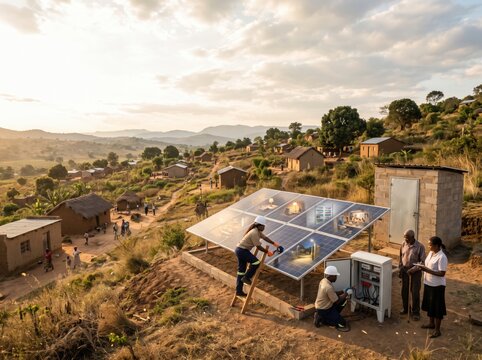 Community members installing solar panels in a rural area for sustainable energy