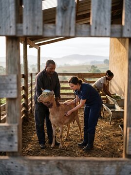 Veterinarian examining cow with assistance from farmers in barn setting