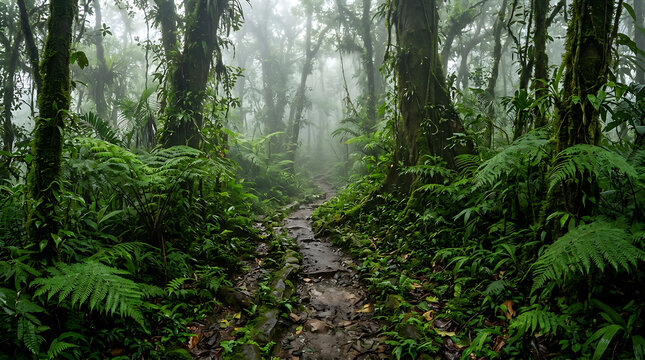 Enchanted tropical cloud forest trail leading through lush exotic vegetation and ancient mossy trees in mist.