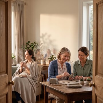 Women engaging in creative activities together in a cozy indoor space