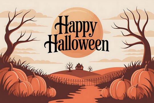 Spooky halloween landscape with pumpkins silhouetted against a full moon and bare trees