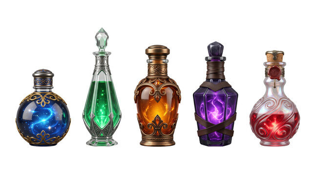 Five magical alchemy potion bottles with glowing colorful liquids isolated on transparent background.