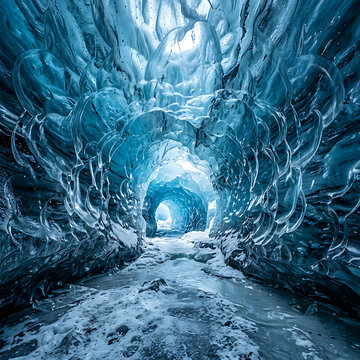 Ethereal ice cavern with swirling crystalline patterns blue frozen tunnel depth with abstract frost textures.