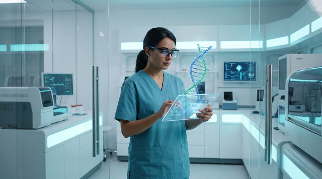 Scientist woman in lab using transparent digital tablet to analyze holographic dna strand in modern medical facility.