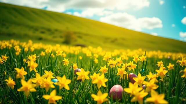 A vibrant field of yellow daffodils blooms in the spring sunshine, their delicate petals contrasting with the hidden colorful Easter eggs scattered amongst the green grass.
