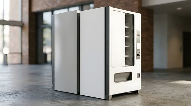 Modern White Vending Machine Mockup in a Spacious Lobby