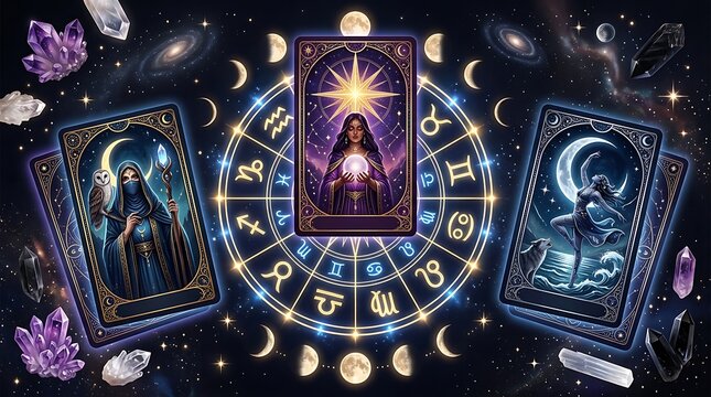 Mystical Tarot Reading Spread with Zodiac Wheel Crystals and Moon Phases