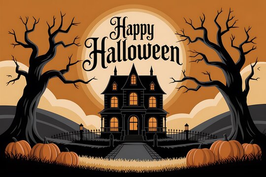 Vintage halloween illustration featuring a spooky old house and a full moon backdrop