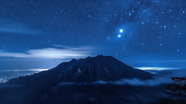 Blue nightscape of silhouetted mountain and starlit sky