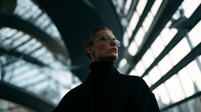 futuristic portrait of stylish person in modern architectural interior, elegant blonde model in black turtleneck against curved white architecture, sophisticated portrait with futuristic architecture