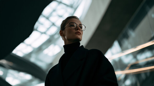futuristic portrait of stylish person in modern architectural interior, elegant blonde model in black turtleneck against curved white architecture, sophisticated portrait with futuristic architecture