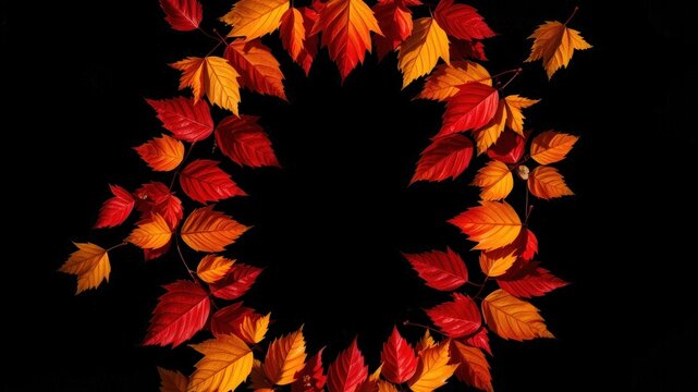 A vibrant autumnal frame of crimson and golden leaves arranged in a circle against a black background.