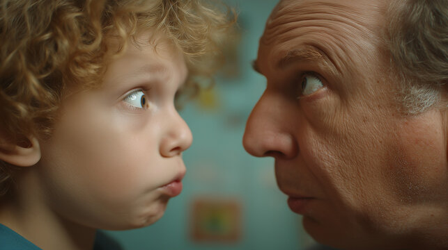 Father and son making funny faces together at home  