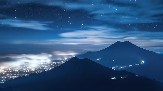 Twin peaks rise from clouds, night sky ablaze with stars above a bright city