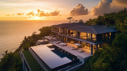 Fototapeta premium Luxury Modern Mansion with Infinity Pool and City View at Sunset