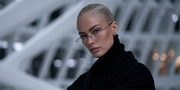 futuristic portrait of stylish person in modern architectural interior, elegant blonde model in black turtleneck against curved white architecture, sophisticated portrait with futuristic architecture