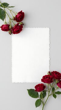 Blank paper card mockup with dark red roses on light grey background