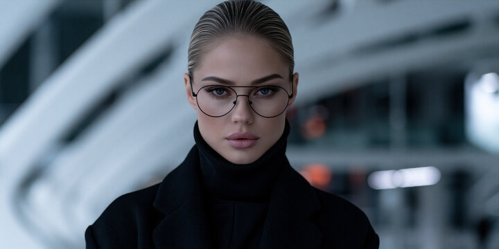 futuristic portrait of stylish person in modern architectural interior, elegant blonde model in black turtleneck against curved white architecture, sophisticated portrait with futuristic architecture
