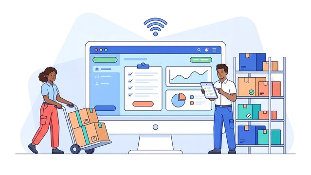 Smart warehouse management system illustration, digital logistics dashboard with workers, automated inventory tracking software interface 4K