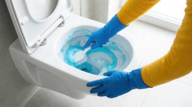 Cleaning a modern flush wall mounted toilet with detergent and a scrub brush by a hotel maid.
