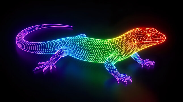 Neon rainbow lizard illustration with glowing textured scales on black background