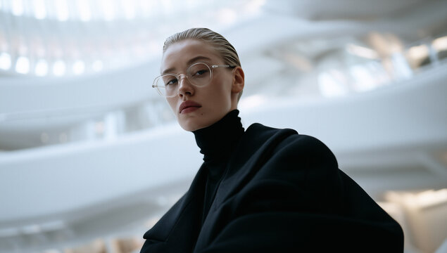 futuristic portrait of stylish person in modern architectural interior, elegant blonde model in black turtleneck against curved white architecture, sophisticated portrait with futuristic architecture