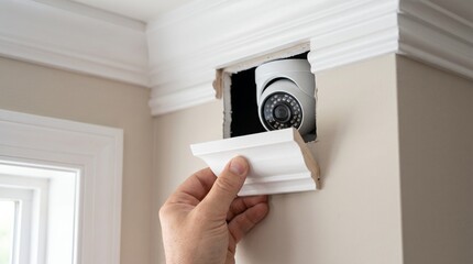 Naklejka premium Hand opening a hidden wall compartment revealing a discreet security surveillance device.