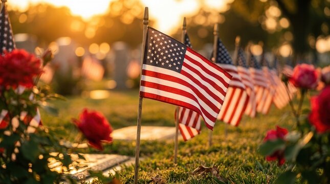American flags in the background during a vibrant and patriotic USA Memorial Day celebration