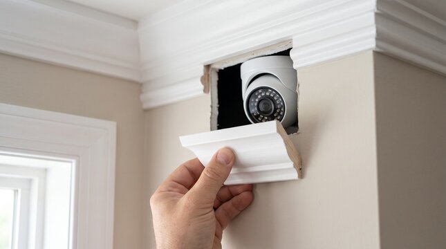 Hand opening a hidden wall compartment revealing a discreet security surveillance device.
