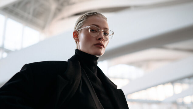 futuristic portrait of stylish person in modern architectural interior, elegant blonde model in black turtleneck against curved white architecture, sophisticated portrait with futuristic architecture