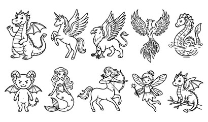 Obraz premium Mythical creatures and fantasy beasts hand drawn outline vector set