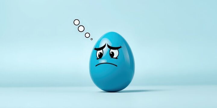 A blue egg with a sad face contemplates its existence in a light blue room.