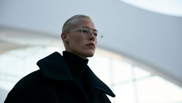 futuristic portrait of stylish person in modern architectural interior, elegant blonde model in black turtleneck against curved white architecture, sophisticated portrait with futuristic architecture