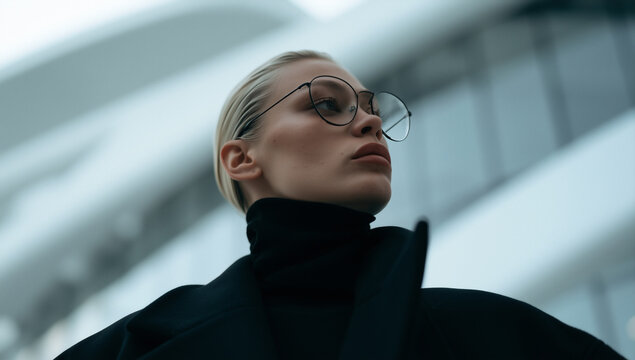 futuristic portrait of stylish person in modern architectural interior, elegant blonde model in black turtleneck against curved white architecture, sophisticated portrait with futuristic architecture