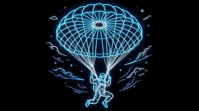 Neon glowing paratrooper skydiving with parachute in a dark night sky with clouds