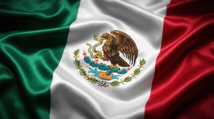Naklejka premium Mexican flag waving on Independence Day featuring fabric texture background and copy space