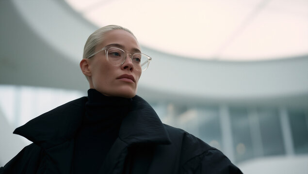 futuristic portrait of stylish person in modern architectural interior, elegant blonde model in black turtleneck against curved white architecture, sophisticated portrait with futuristic architecture