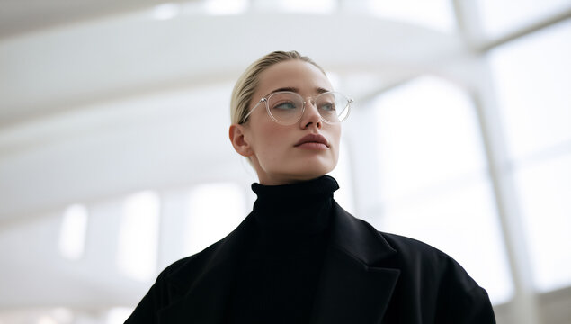 futuristic portrait of stylish person in modern architectural interior, elegant blonde model in black turtleneck against curved white architecture, sophisticated portrait with futuristic architecture