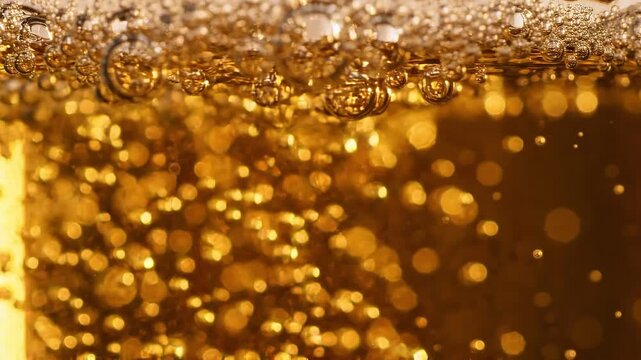 Golden carbonated liquid with rising bubbles and sparkling highlights, abstract beverage texture and effervescent motion concept