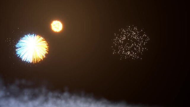 A serene snowy landscape illuminated by a series of colorful fireworks in a captivating sequence