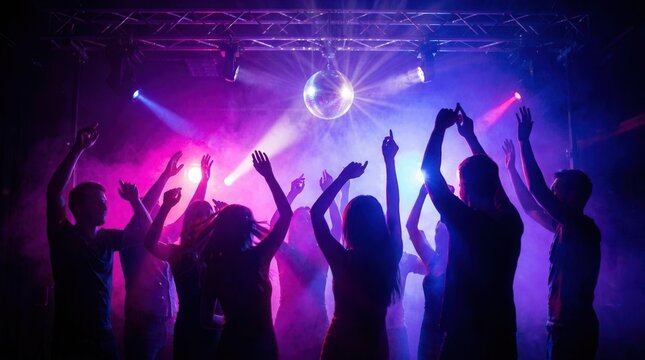 Silhouetted youth dancing on a club dancefloor against purple-pink neon lights and music.