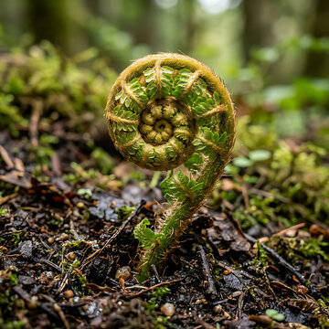Golden spiral fern fiddlehead growing from forest floor soil with soft sunlight and blurred woodland background.