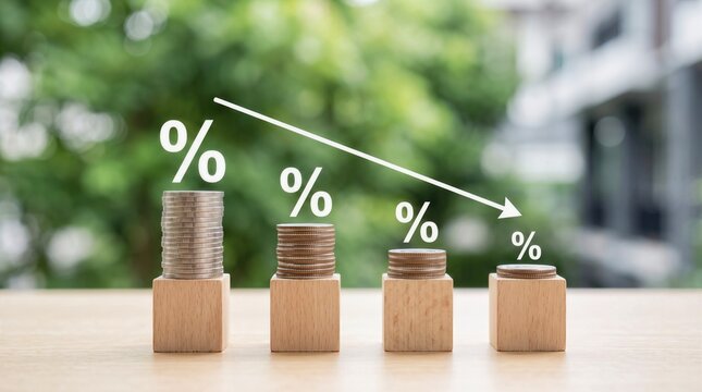 Decreasing Interest Rate Concept With Stacked Coins On Wooden Block