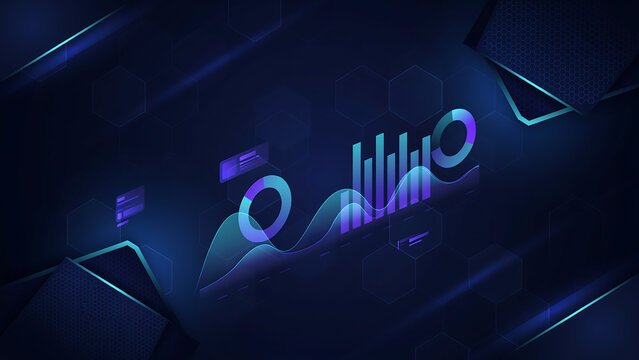 Modern 3d abstract data visualization with glowing geometric shapes and bar graph elements