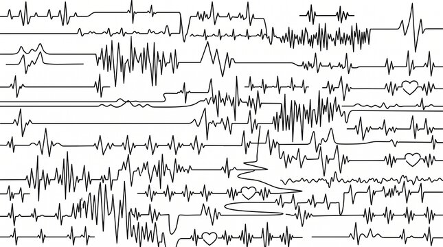 Black and white medical ECG heartbeat monitor line waves pattern background graphic